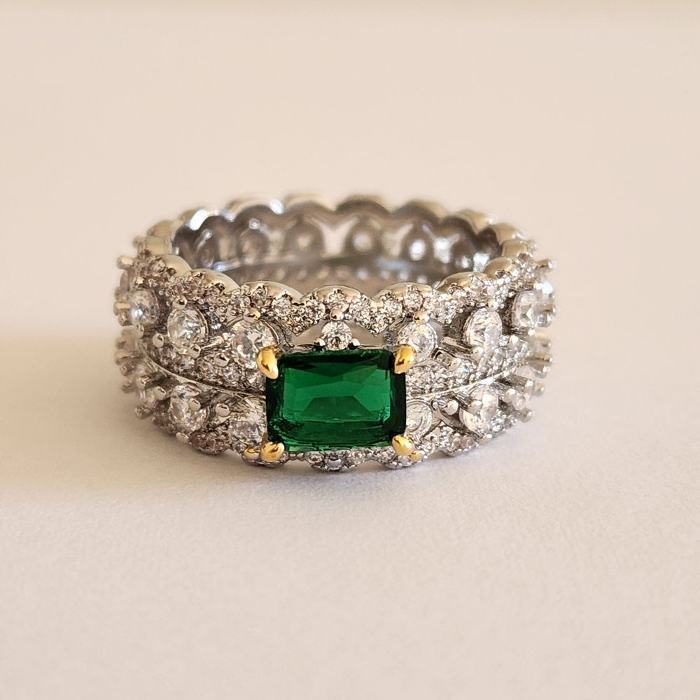 New 925 Silver Emerald Cut Emerald Diamond Thick Band Ring for Women